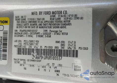 2018 Ford Fusion Hybrid Se z USA, uszkodzony, nr VIN 3FA6P0LU9JR103557